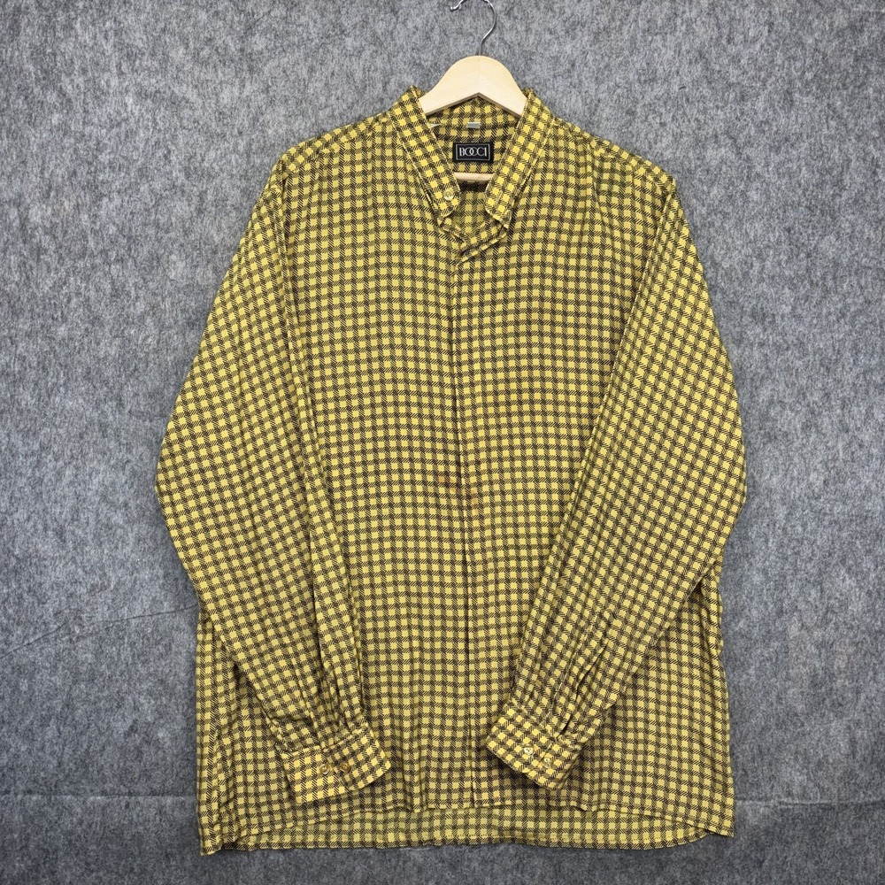 Vintage Bocci Italy 100% Silk Shirt Men's Large Yellow  Plaid Geomemtric